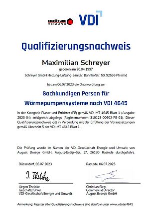Maximilian Schreyer - Sachkundige Person für Wärmepumpensysteme nach VDI 4645